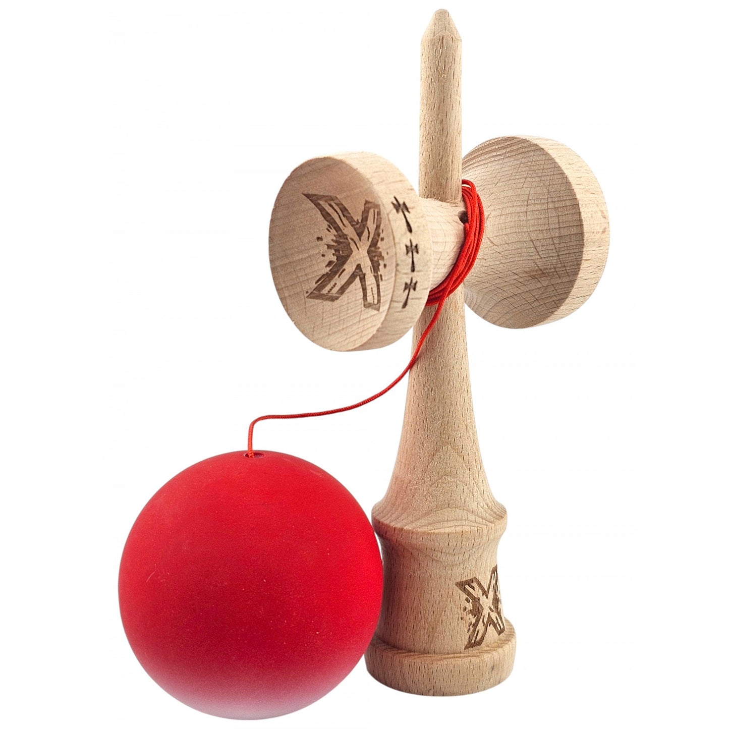 Kendama X Originala, Profesionala, din Lemn, Big Cups, Rubber Grip, 18 cm, Rosu/Alb