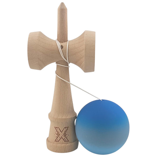 Kendama X Originala, Profesionala,  din Lemn, Rubber Grip, 18 cm, Albastru/Gri/Bleu