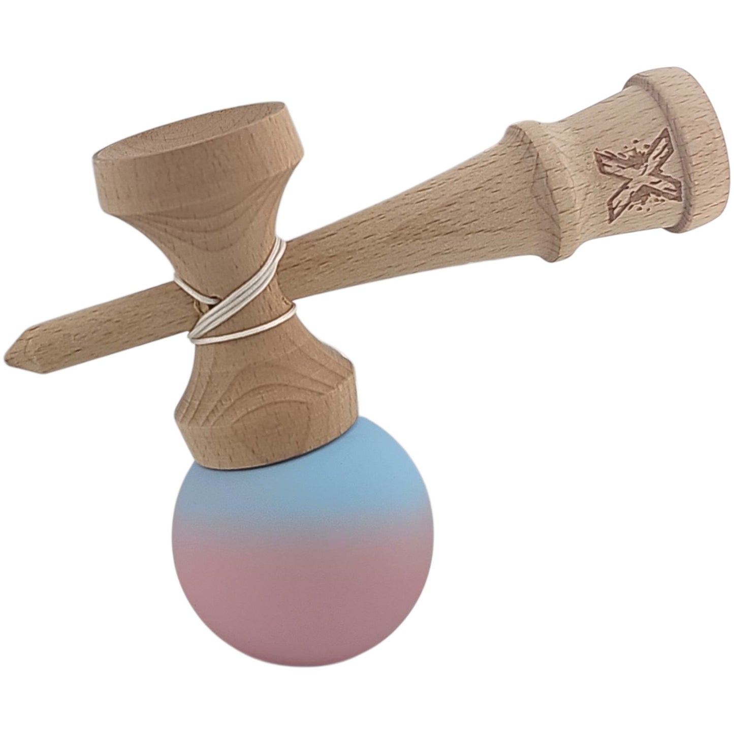 Kendama X Originala, Profesionala, din Lemn, Rubber Grip, 18 cm, Albastru/Lila