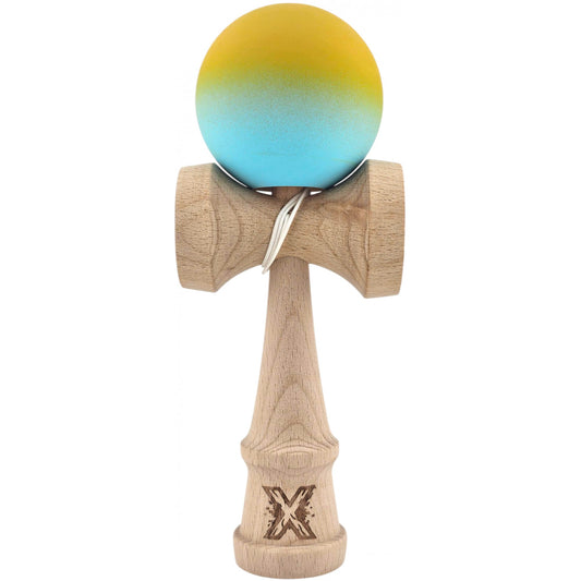 Kendama X Originala, Profesionala,  din Lemn, Rubber Grip, 18 cm, Galben/Albastru