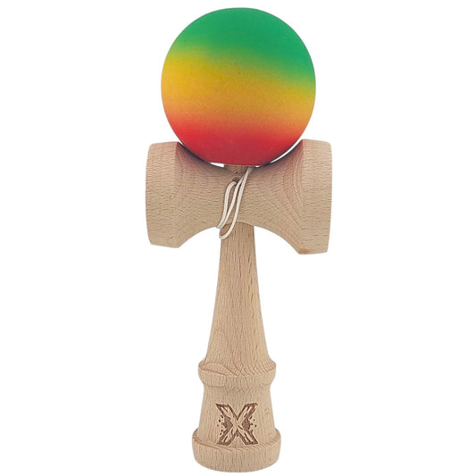 Kendama X Originala, Profesionala,, din Lemn, Rubber Grip, 18 cm, Gradient Verde/Galben/Rosu