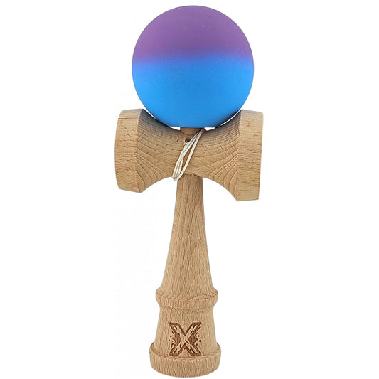 Kendama X Originala, Profesionala,din Lemn, Rubber Grip, 18 cm, Gradient Violet/Albastru