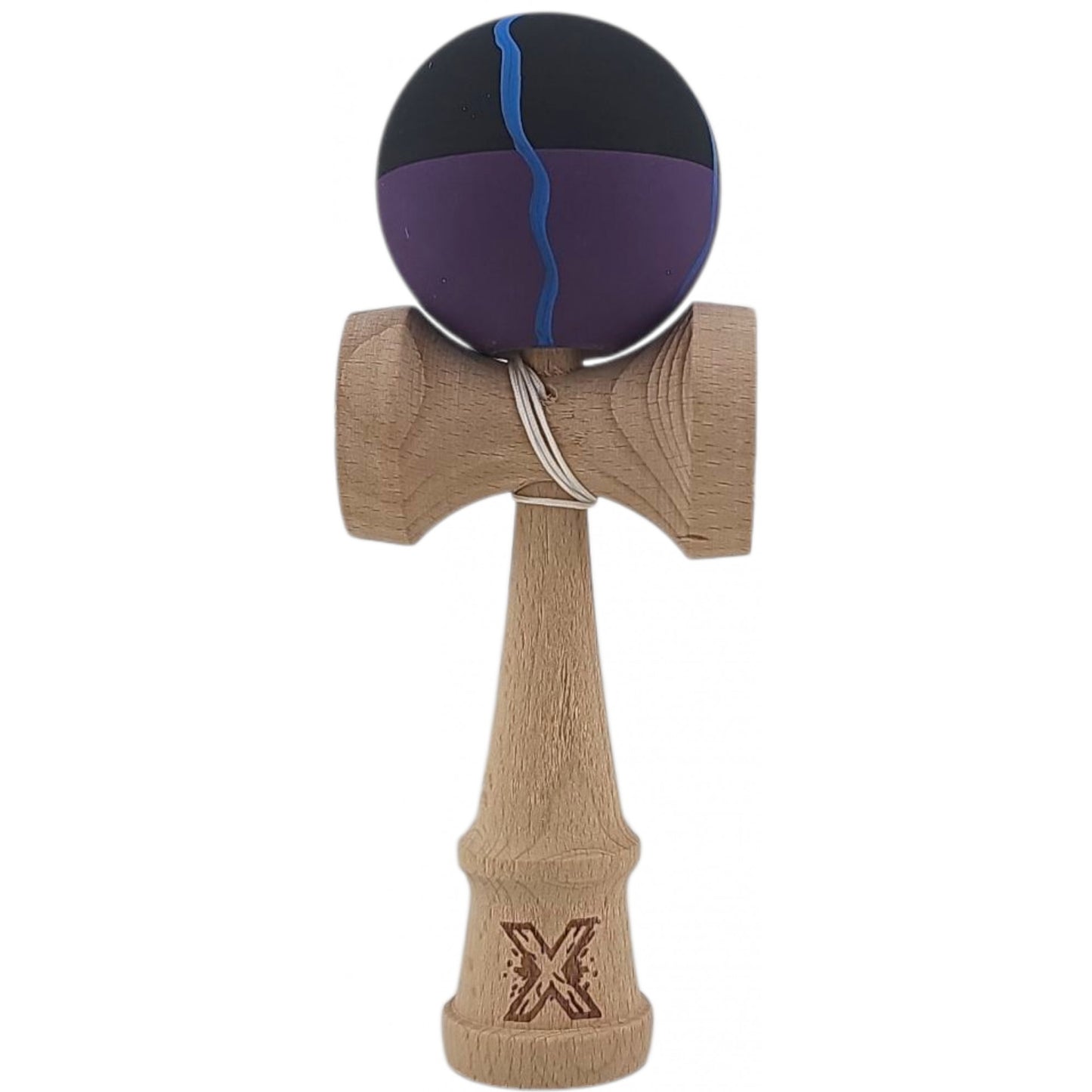 Kendama X Originala, Profesionala, din Lemn, Rubber Grip, 18 cm, Negru/Mov/Albastru