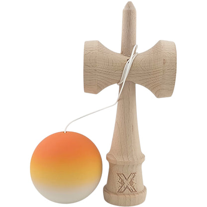 Kendama X Originala, Profesionala, din Lemn, Rubber Grip, 18 cm, Portocaliu/Galben/Alb