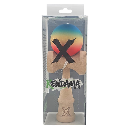 Kendama X Originala, Profesionala, din Lemn, Rubber Grip, 18 cm, Rosu/Galben/Albastru