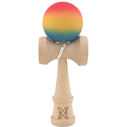 Kendama X Originala, Profesionala,  din Lemn, Rubber Grip, 18 cm,Rosu/Galben/Albastru