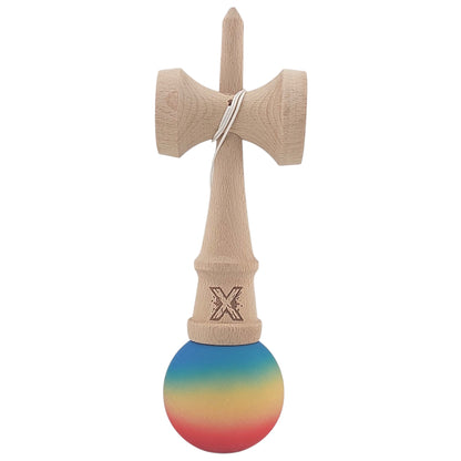 Kendama X Originala, Profesionala, din Lemn, Rubber Grip, 18 cm, Rosu/Galben/Albastru