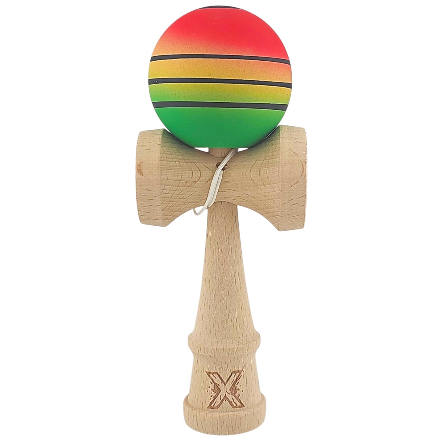 Kendama X Originala, Profesionala, din Lemn, Rubber Grip, 18 cm, Rosu/Galben/Verde