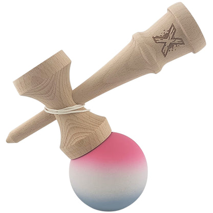 Kendama X Originala, Profesionala, din Lemn, Rubber Grip, 18 cm, Roz/Alb/Gri