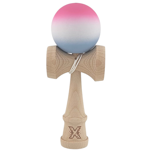 Kendama X Originala, Profesionala, din Lemn, Rubber Grip, 18 cm, Roz/Alb/Gri
