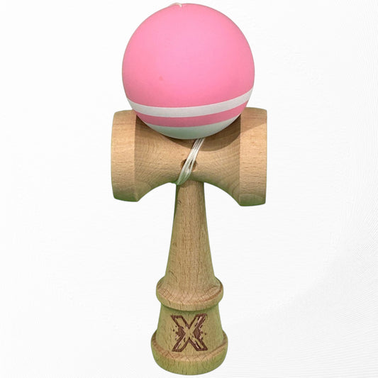 Kendama X Originala, Profesionala, din Lemn, Rubber Grip, 18 cm, Roz/Alb