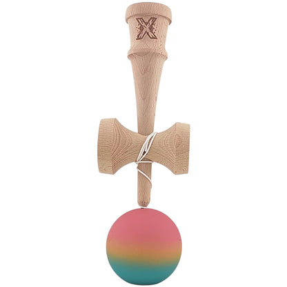 Kendama X Originala, Profesionala, din Lemn, Rubber Grip, 18 cm, Roz/Galben/Albastru