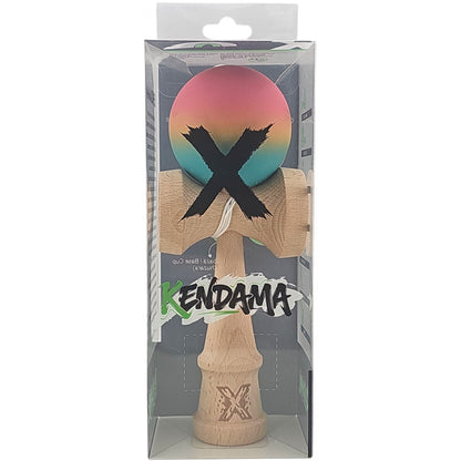 Kendama X Originala, Profesionala, din Lemn, Rubber Grip, 18 cm, Roz/Galben/Albastru