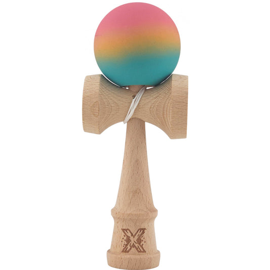 Kendama X Originala, Profesionala, din Lemn, Rubber Grip, 18 cm, Roz/Galben/Albastru
