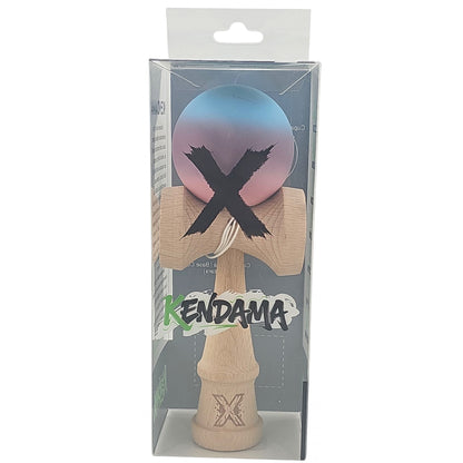 Kendama X Originala, Profesionala,  din Lemn, Rubber Grip, 18 cm, Roz/Mov/Albastru