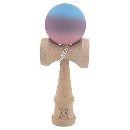Kendama X Originala, Profesionala,  din Lemn, Rubber Grip, 18 cm, Roz/Mov/Albastru