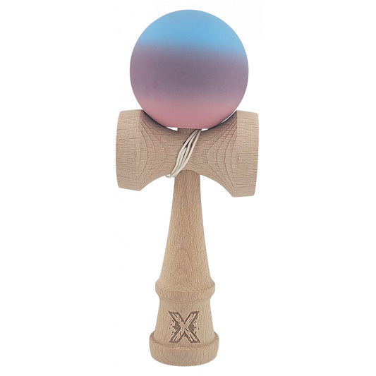 Kendama X Originala, Profesionala,  din Lemn, Rubber Grip, 18 cm, Roz/Mov/Albastru