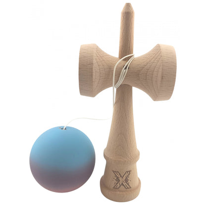 Kendama X Originala, Profesionala,  din Lemn, Rubber Grip, 18 cm, Roz/Mov/Albastru
