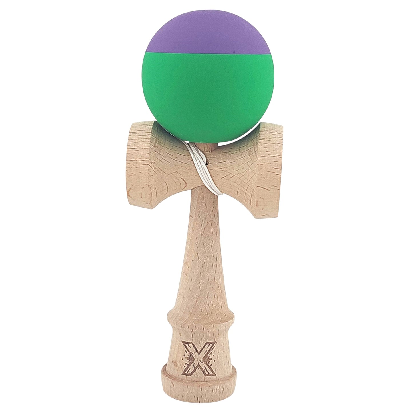 Kendama X Originala, Profesionala,  din Lemn, Rubber Grip, 18 cm, Verde/Mov