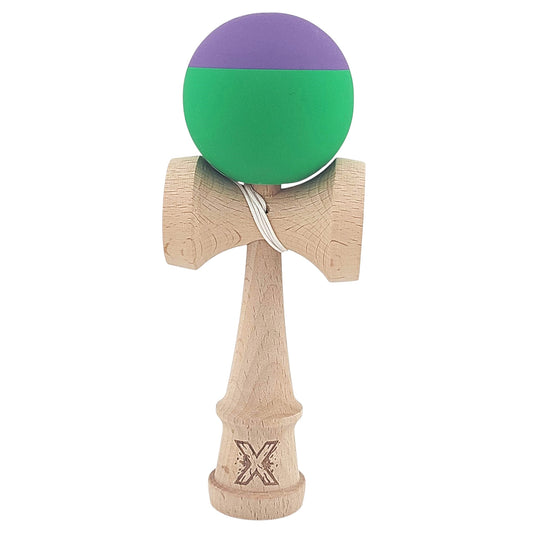 Kendama X Originala, Profesionala,  din Lemn, Rubber Grip, 18 cm, Verde/Mov