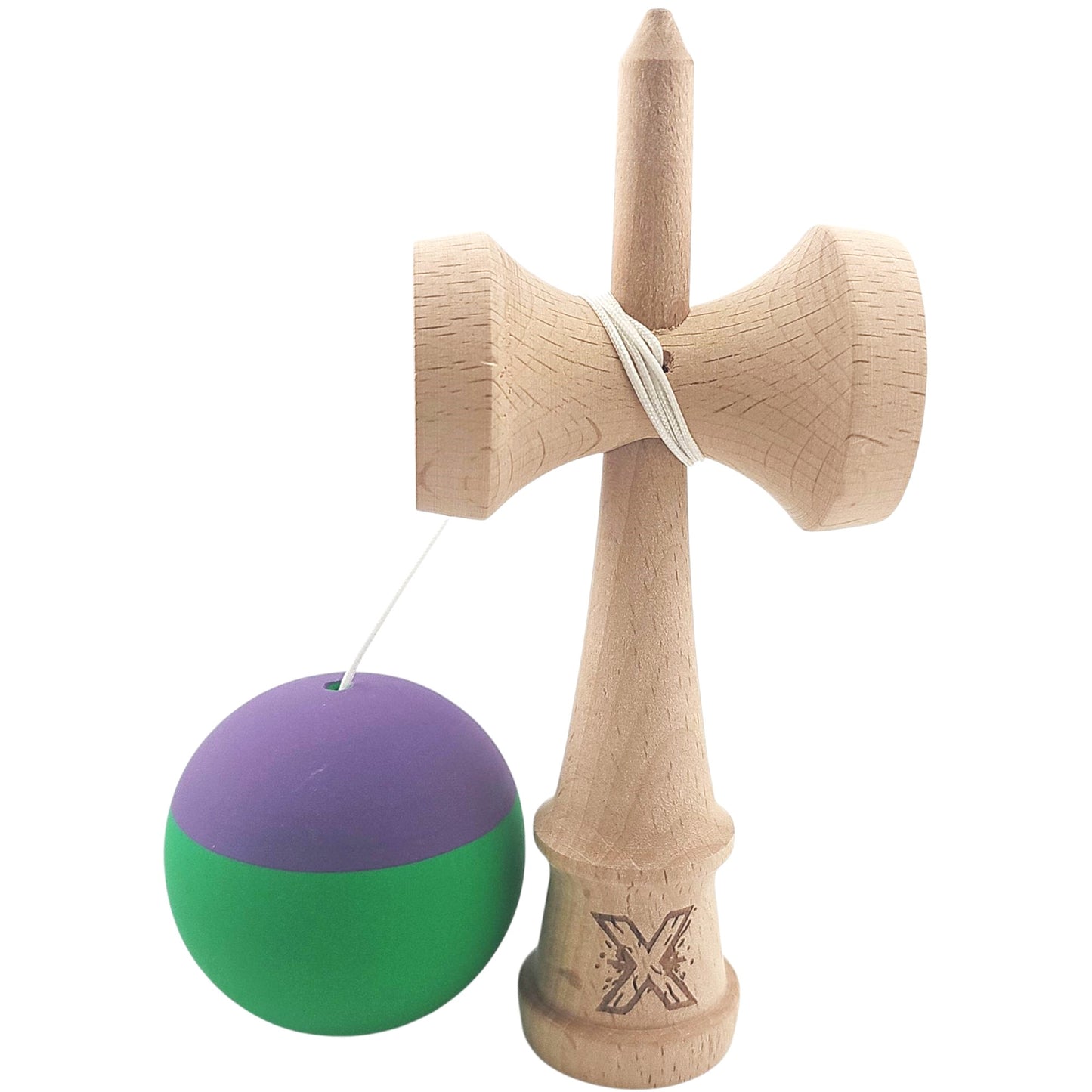 Kendama X Originala, Profesionala,  din Lemn, Rubber Grip, 18 cm, Verde/Mov