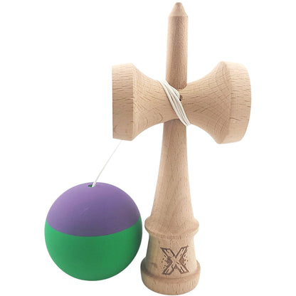Kendama X Originala, Profesionala,  din Lemn, Rubber Grip, 18 cm, Verde/Mov