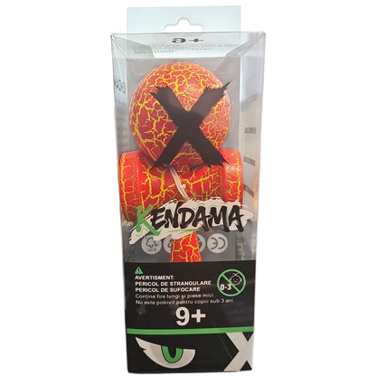 Kendama X Originala, Profesionala, Cracked, din Lemn, 18 cm, Rosu/Galben
