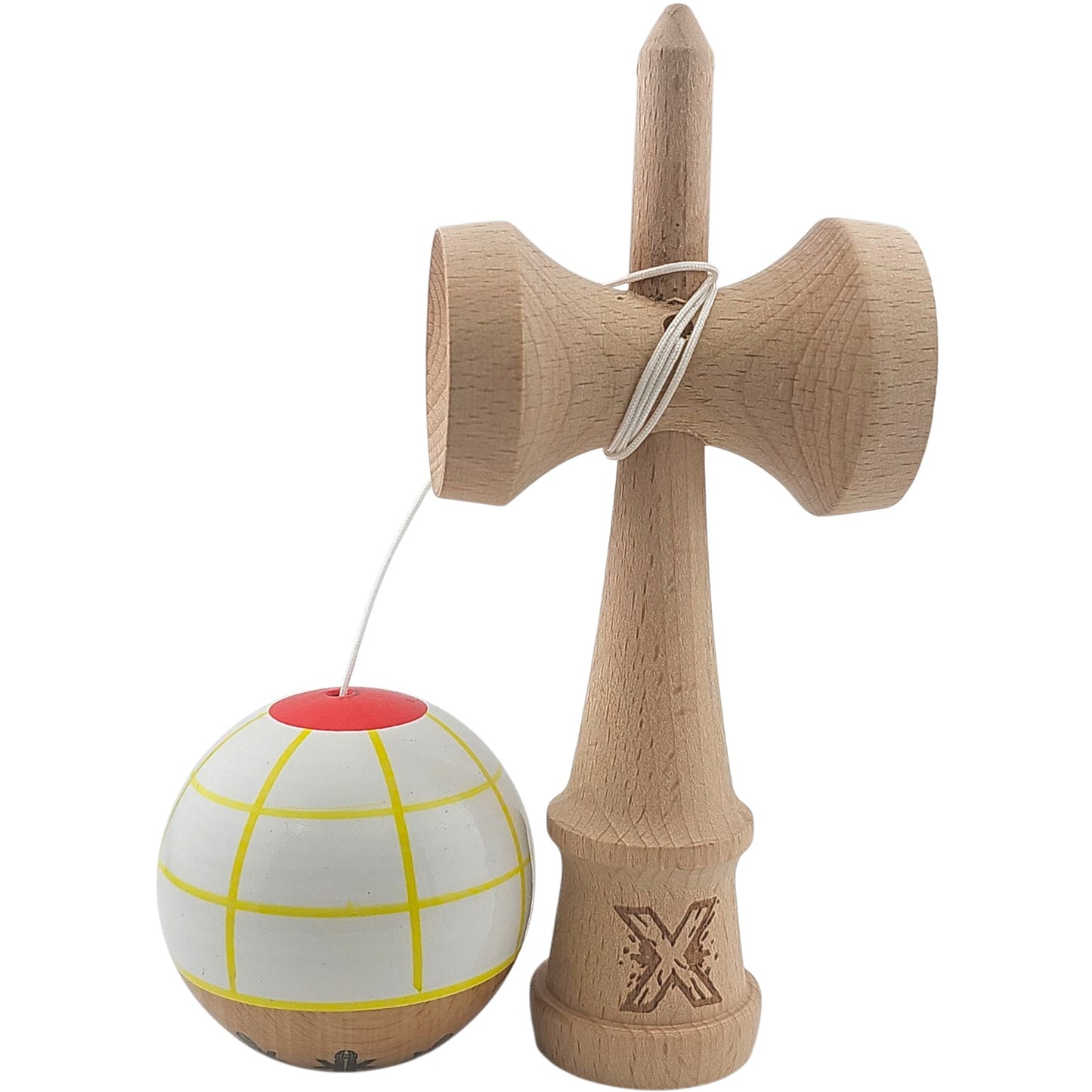Kendama X Originala, Profesionala, din Lemn, Super Sticky, 18 cm, Alb/Galben/Rosu