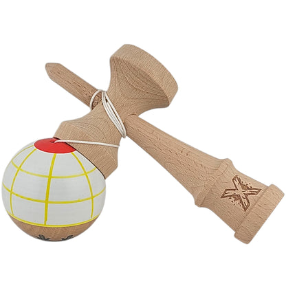 Kendama X Originala, Profesionala, din Lemn, Super Sticky, 18 cm, Alb/Galben/Rosu