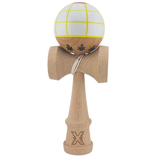 Kendama X Originala, Profesionala, din Lemn, Super Sticky, 18 cm, Alb/Galben/Rosu