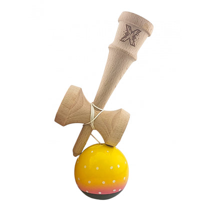 Kendama X Originala, Profesionala, din Lemn, Super Sticky, 18 cm, Galben/Roz/Negru