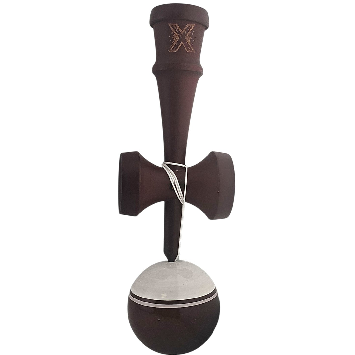 Kendama X Originala, Profesionala Limited, din Lemn, Super Sticky, 18 cm, Alb/Maro inchis