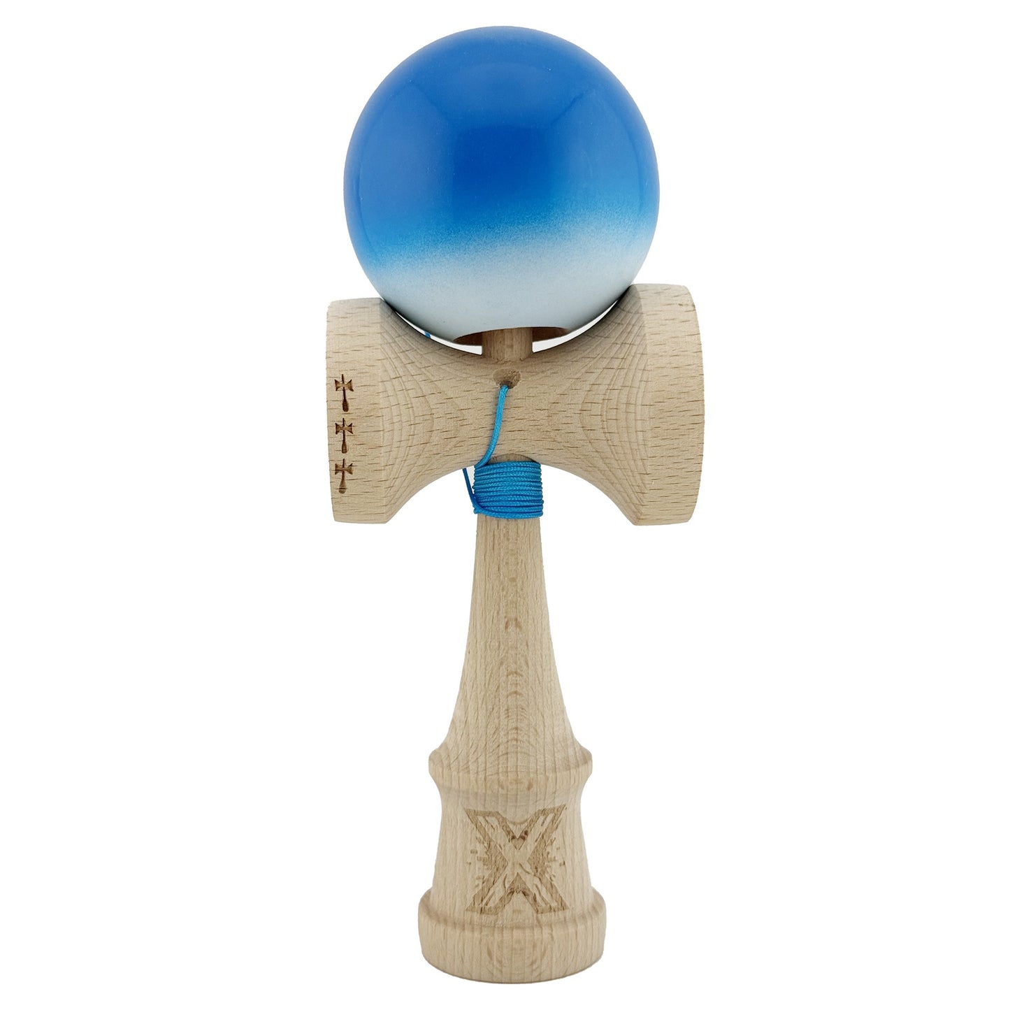 Kendama X Originala, Profesionala, Big Cups V2, Super Sticky cu Cupe Mari, din lemn 18 cm, Rulment Metalic cu Ata 55 cm, Albastru/Alb