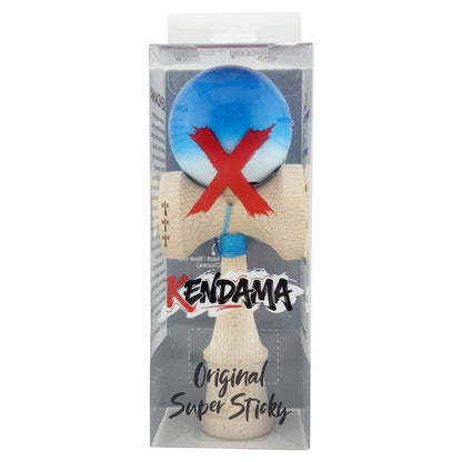 Kendama X Originala, Profesionala, Big Cups V2, Super Sticky cu Cupe Mari, din lemn 18 cm, Rulment Metalic cu Ata 55 cm, Albastru/Alb