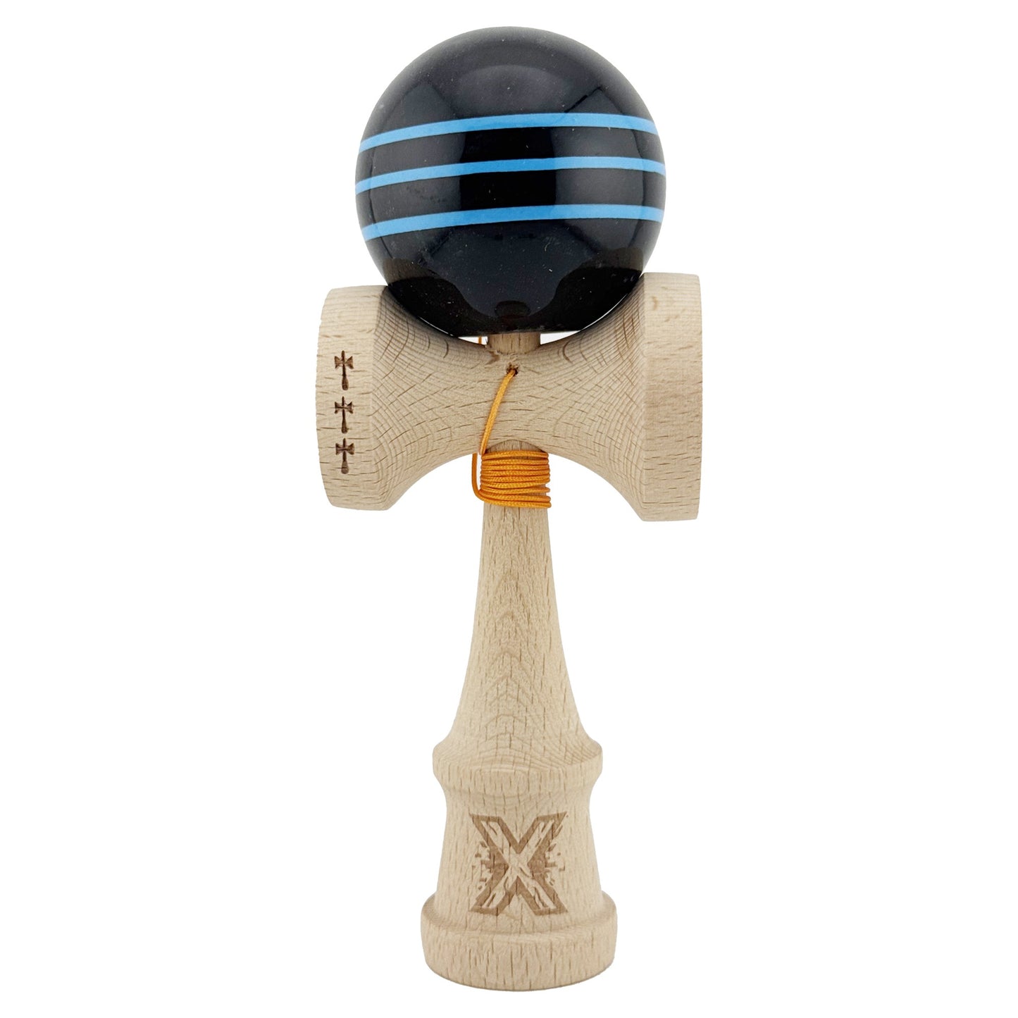 Kendama X Originala, Profesionala, Big Cups V2, Super Sticky Legendary Cupe Mari, Rulment Metalic cu Ata 55 cm, Negru/Linii Albastre deschise
