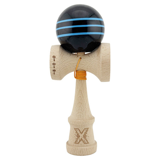Kendama X Originala, Profesionala, Big Cups V2, Super Sticky Legendary Cupe Mari, Rulment Metalic cu Ata 55 cm, Negru/Linii Albastre deschise