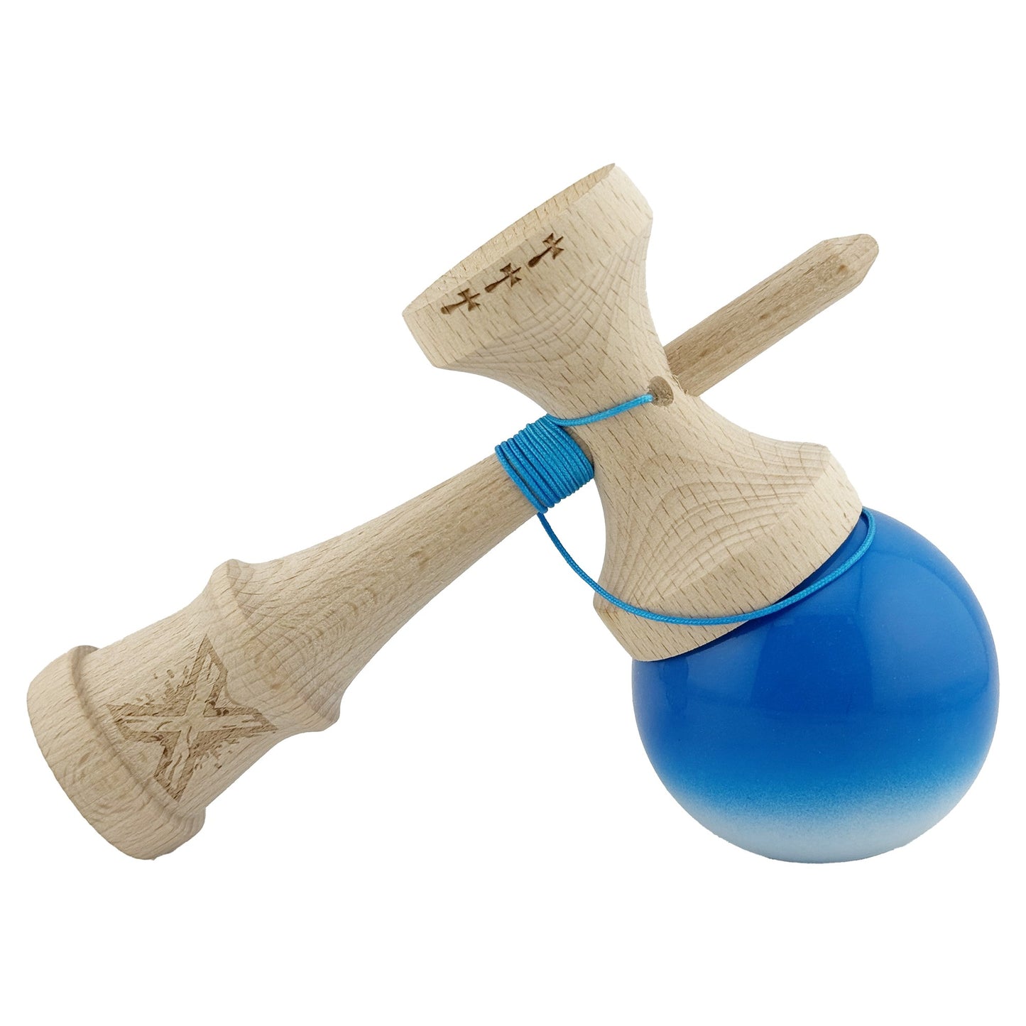 Kendama X Originala, Profesionala, Big Cups V2, Super Sticky cu Cupe Mari, din lemn 18 cm, Rulment Metalic cu Ata 55 cm, Albastru/Alb