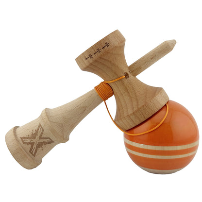 Kendama X Rainbow Originala, Profesionala,Big Cups V2, Super Sticky cu Cupe Mari, Rulment Metalic, din lemn 18 cm, Ata 55 cm, Portocaliu/Maro