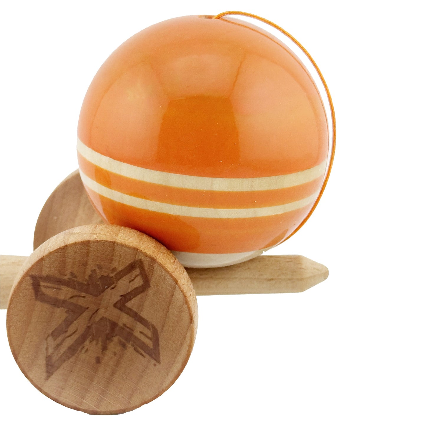 Kendama X Rainbow Originala, Profesionala,Big Cups V2, Super Sticky cu Cupe Mari, Rulment Metalic, din lemn 18 cm, Ata 55 cm, Portocaliu/Maro