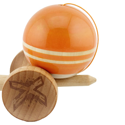 Kendama X Rainbow Originala, Profesionala,Big Cups V2, Super Sticky cu Cupe Mari, Rulment Metalic, din lemn 18 cm, Ata 55 cm, Portocaliu/Maro