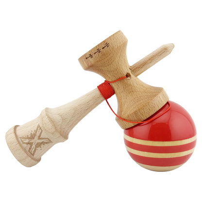 Kendama X Rainbow Originala, Profesionala,  Big Cups V2, Super Sticky cu Cupe Mari, Rulment Metalic, din lemn 18 cm, Ata 55 cm, Rosu/Maro