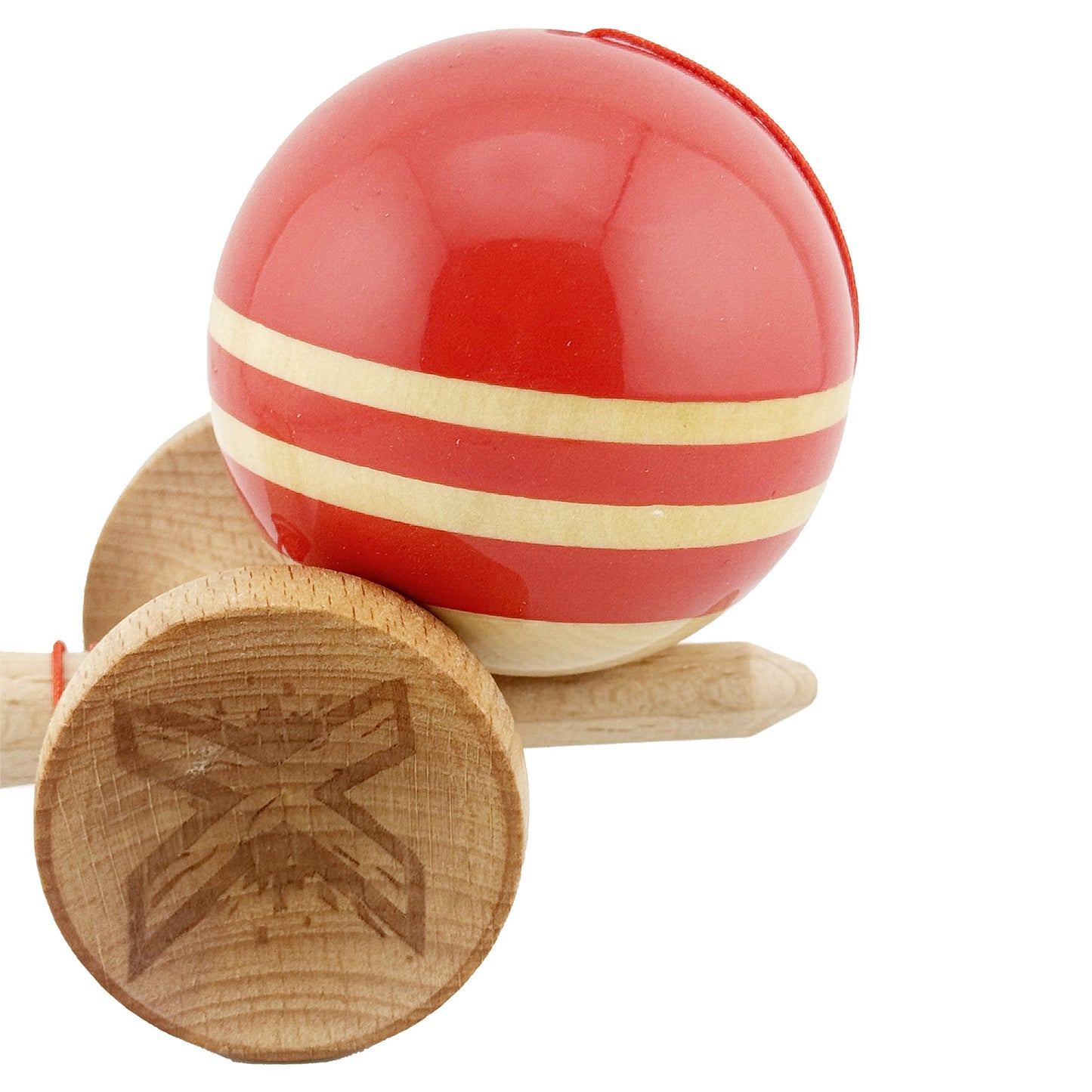 Kendama X Rainbow Originala, Profesionala,  Big Cups V2, Super Sticky cu Cupe Mari, Rulment Metalic, din lemn 18 cm, Ata 55 cm, Rosu/Maro