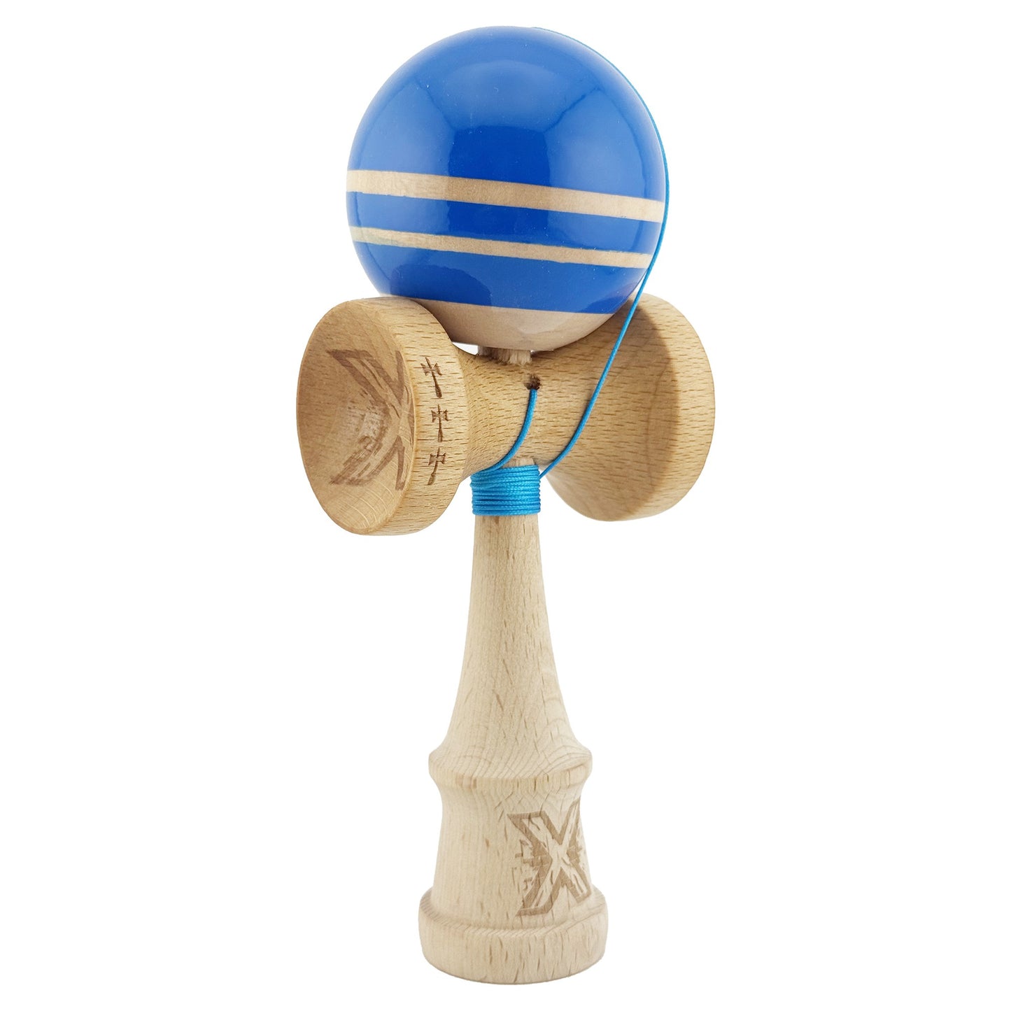 Kendama X Rainbow Originala, Profesionala,Big Cups V2, Super Sticky cu Cupe Mari, Rulment Metalic, din lemn 18 cm, Ata 55 cm, Albastru/Maro