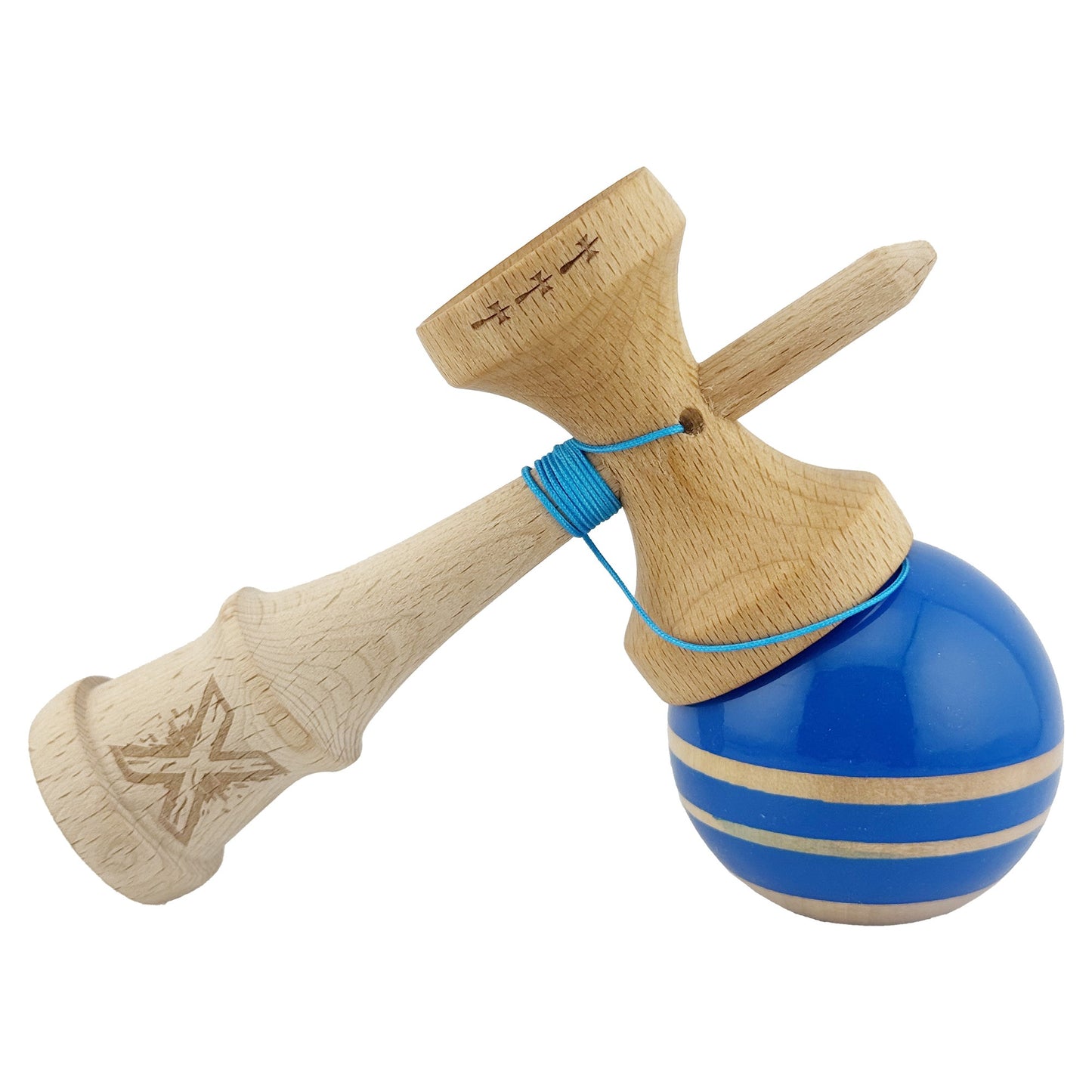 Kendama X Rainbow Originala, Profesionala,Big Cups V2, Super Sticky cu Cupe Mari, Rulment Metalic, din lemn 18 cm, Ata 55 cm, Albastru/Maro