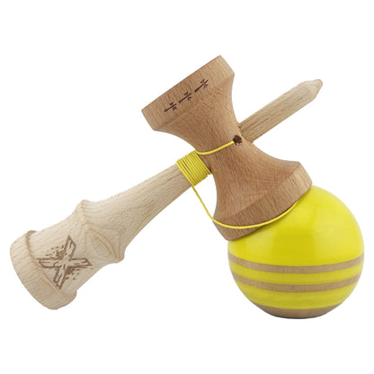 Kendama X Rainbow Originala, Profesionala,  Big Cups V2, Super Sticky cu Cupe Mari, Rulment Metalic, din lemn 18 cm, Ata 55 cm, Galben/Maro