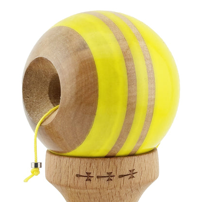 Kendama X Rainbow Originala, Profesionala,  Big Cups V2, Super Sticky cu Cupe Mari, Rulment Metalic, din lemn 18 cm, Ata 55 cm, Galben/Maro