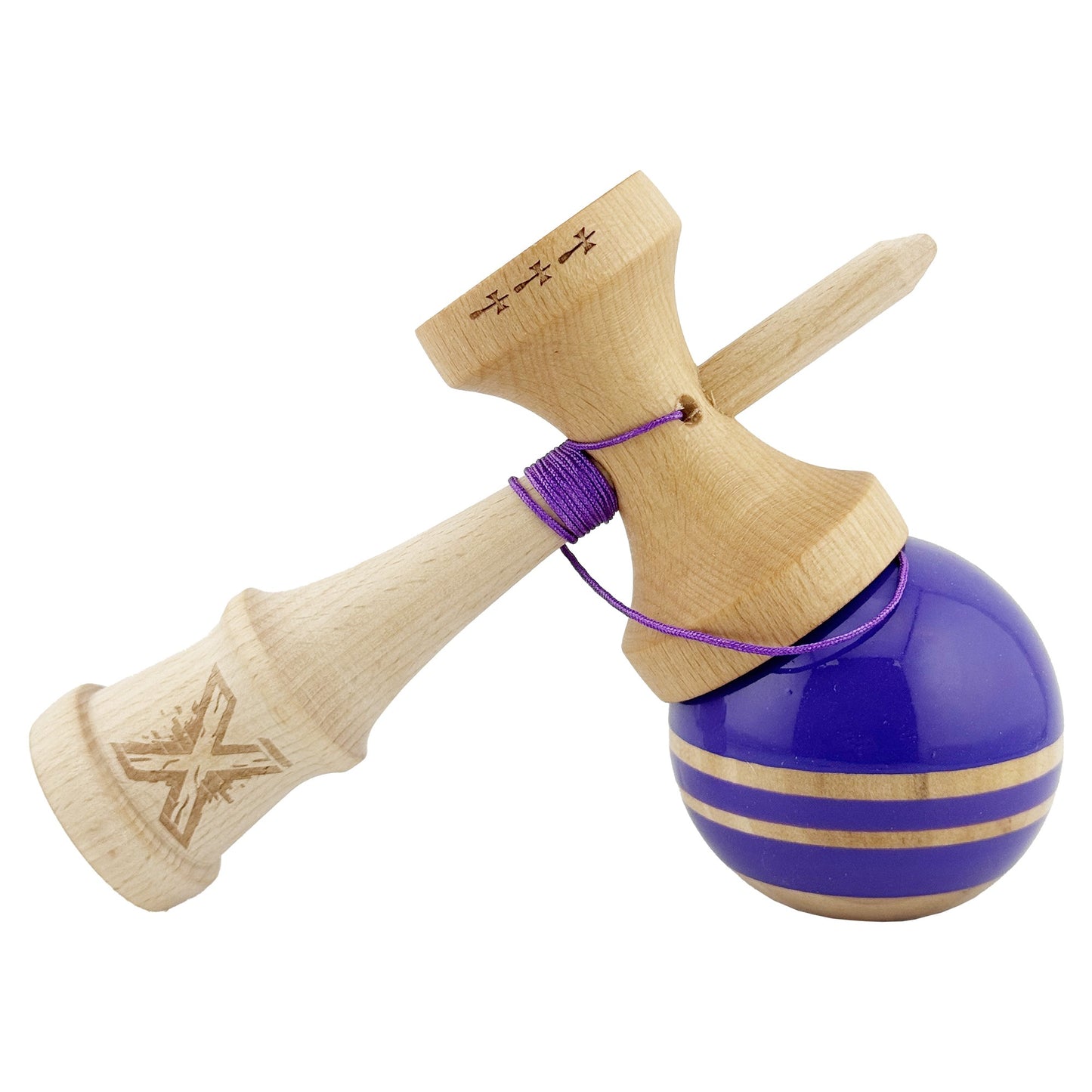 Kendama X Rainbow Originala, Profesionala, Big Cups V2, Super Sticky cu Cupe Mari, Rulment Metalic, din lemn 18 cm, Ata 55 cm, Indigo/Maro