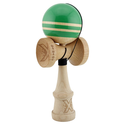 Kendama X Rainbow Originala, Profesionala, Big Cups V2, Super Sticky cu Cupe Mari, Rulment Metalic, din lemn 18 cm, Ata 55 cm, Verde/Maro