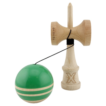 Kendama X Rainbow Originala, Profesionala, Big Cups V2, Super Sticky cu Cupe Mari, Rulment Metalic, din lemn 18 cm, Ata 55 cm, Verde/Maro