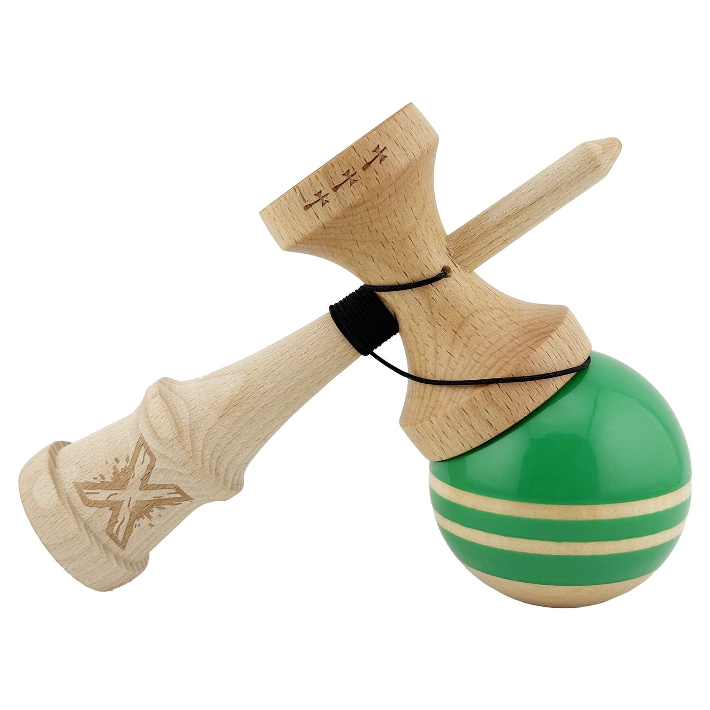 Kendama X Rainbow Originala, Profesionala, Big Cups V2, Super Sticky cu Cupe Mari, Rulment Metalic, din lemn 18 cm, Ata 55 cm, Verde/Maro